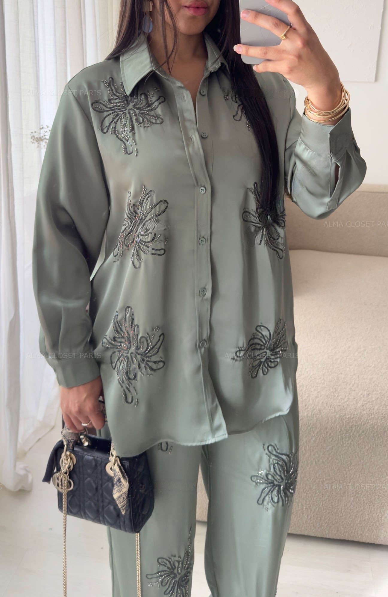 Sequin Embellished Satin CoOrds Top and Trouser Suit with Drawstring & Drawstring