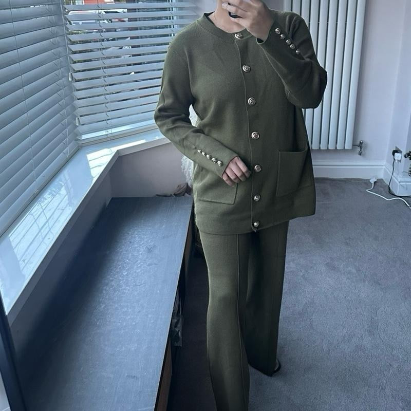 Aminah Premium Button Coord with Pleated Trousers in Soft Knitwear