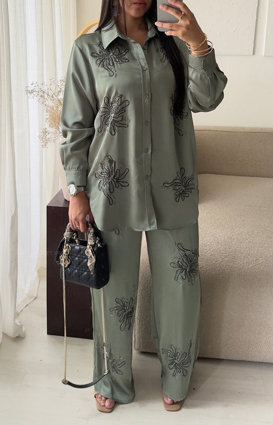Sequin Embellished Satin CoOrds Top and Trouser Suit with Drawstring & Drawstring