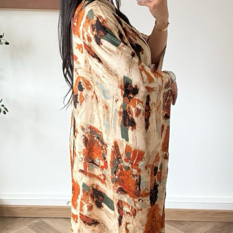 Premium Satin Rhinestone Abaya Kaftan One Tie-Dye