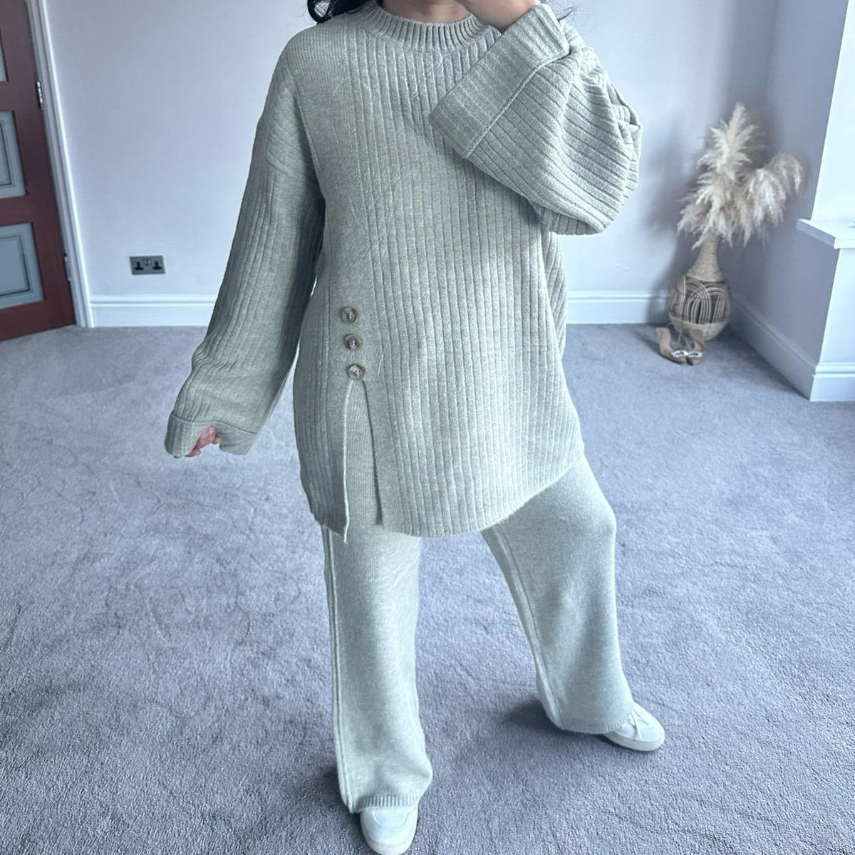 Premium Knit Side Slit Button Matching Winter Coord Set - Modest Womenswear