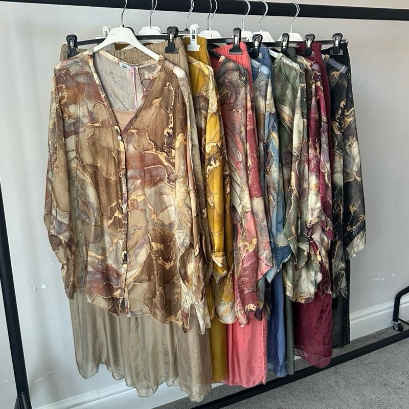 Gold Marble Print and Plain Chiffon Silk Coord Sets