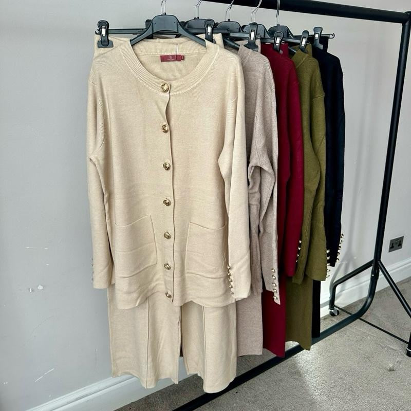 Aminah Premium Button Coord with Pleated Trousers in Soft Knitwear