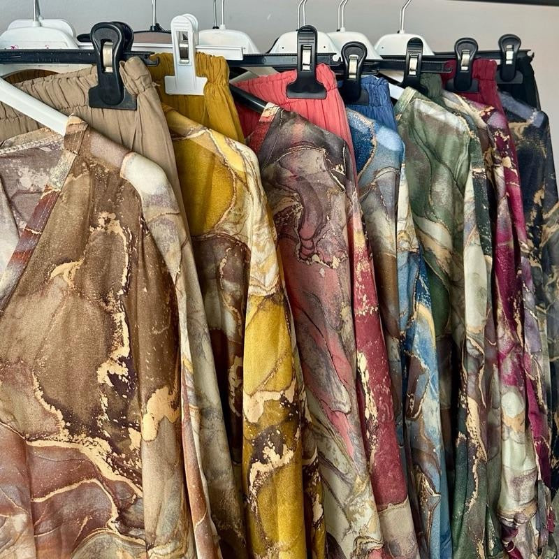 Gold Marble Print and Plain Chiffon Silk Coord Sets