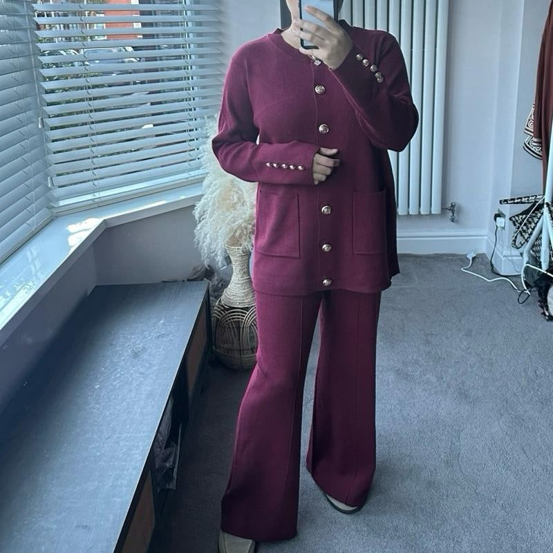 Aminah Premium Button Coord with Pleated Trousers in Soft Knitwear