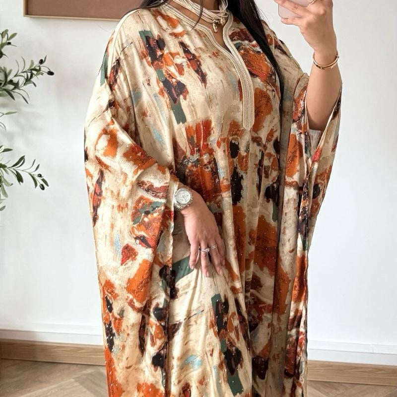 Premium Satin Rhinestone Abaya Kaftan One Tie-Dye