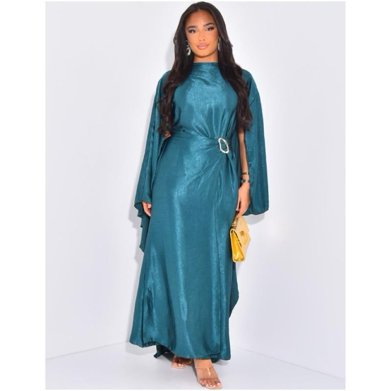 Premium Crushed Satin Gold Buckle Cape Dress