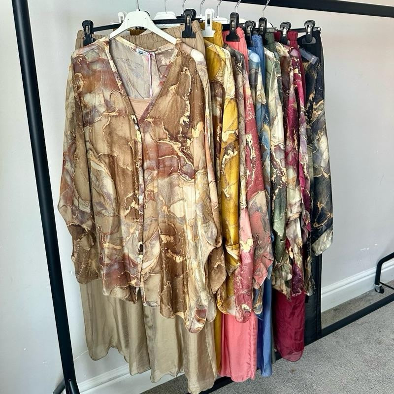 Gold Marble Print and Plain Chiffon Silk Coord Sets