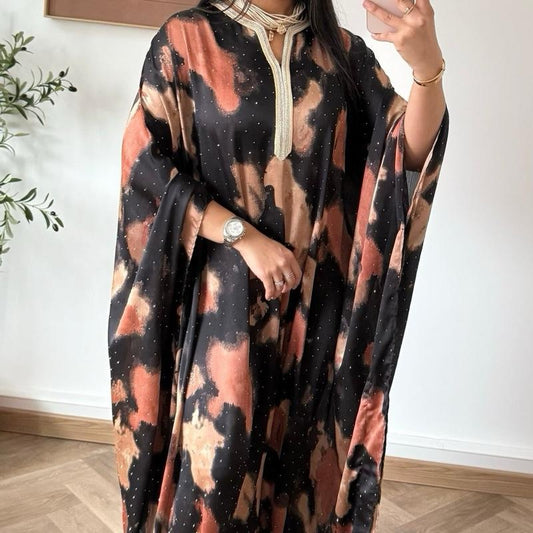 Premium Satin Rhinestone Abaya Kaftan One Tie-Dye