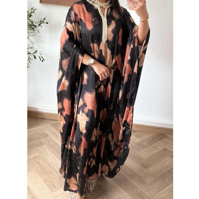 Premium Satin Rhinestone Abaya Kaftan One Tie-Dye