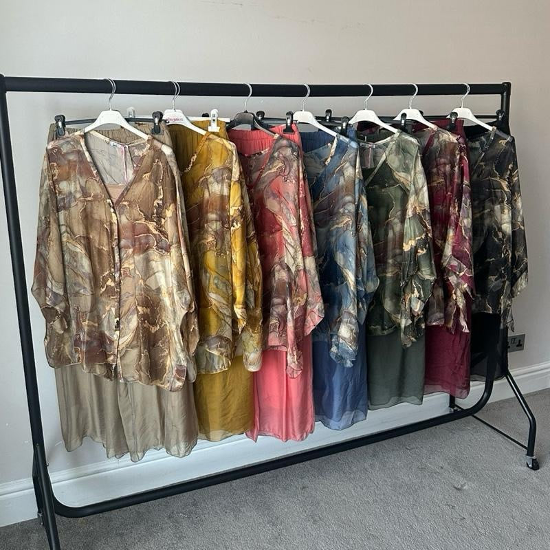 Gold Marble Print and Plain Chiffon Silk Coord Sets