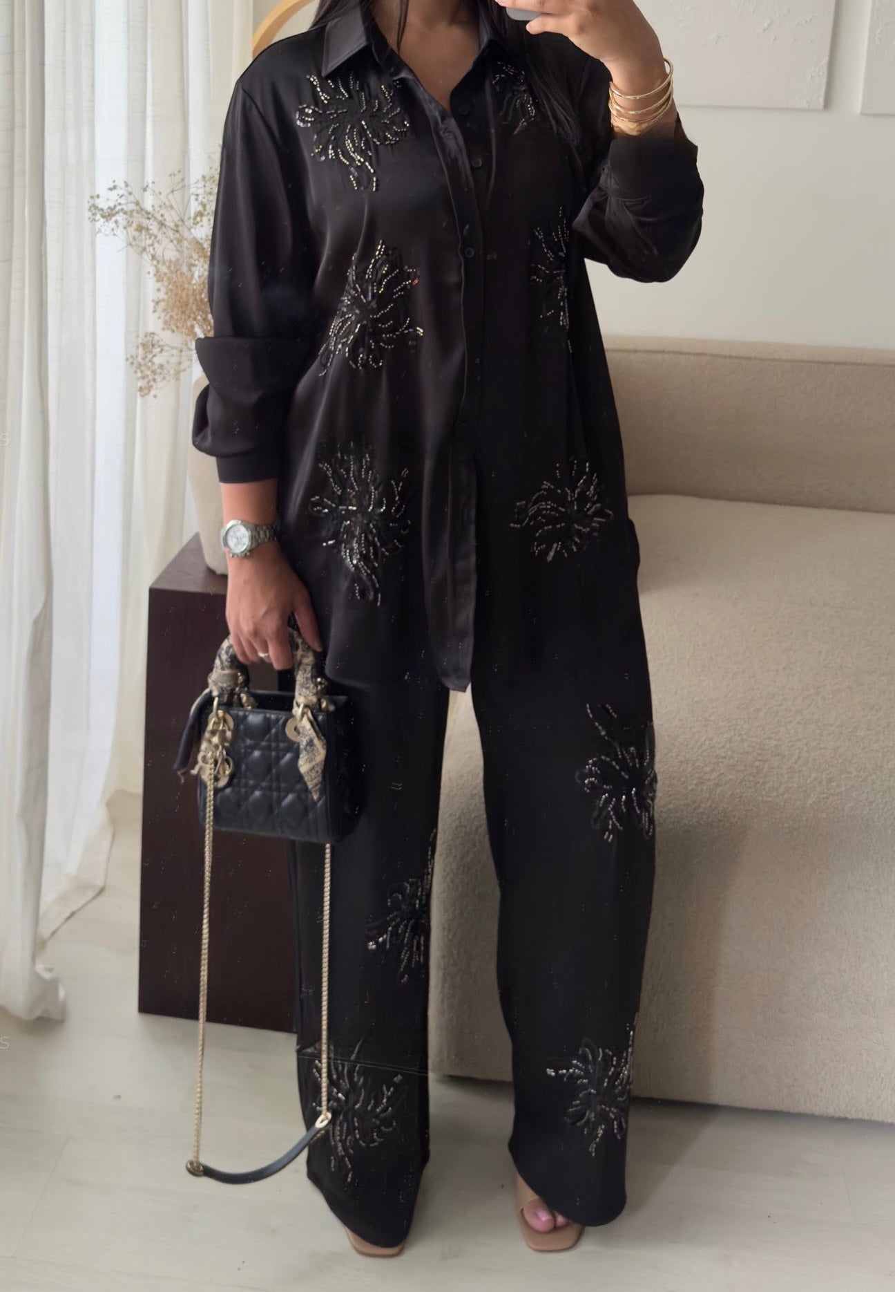 Sequin Embellished Satin CoOrds Top and Trouser Suit with Drawstring & Drawstring