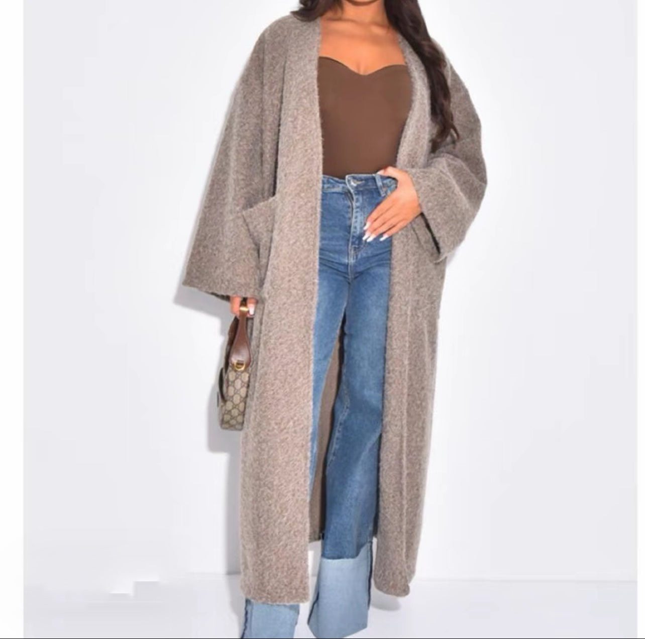 Wool Effect Open Style Coat 50 Inch Length Jackets