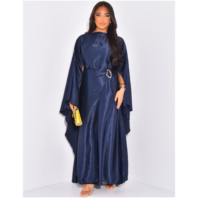Premium Crushed Satin Gold Buckle Cape Dress