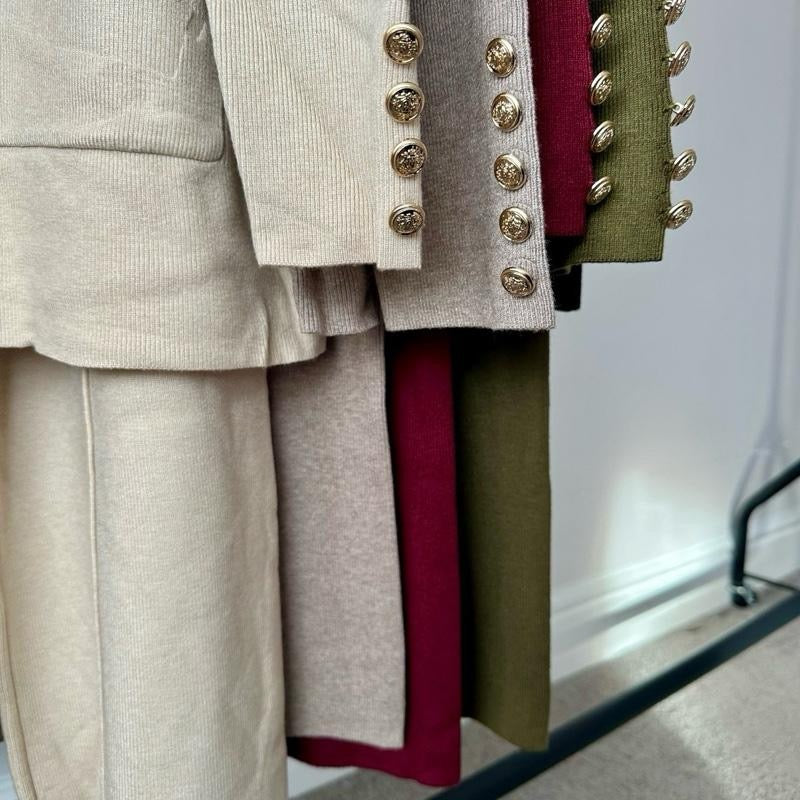 Aminah Premium Button Coord with Pleated Trousers in Soft Knitwear