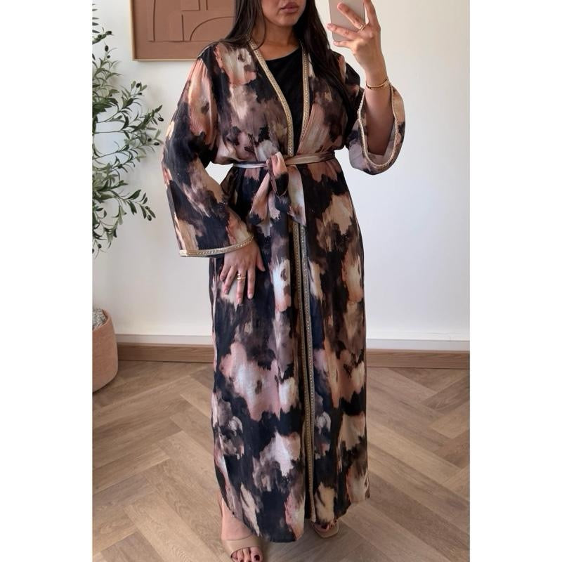 Tie Dye Print Embellished Open Abaya with Inside slip and Waist Belt