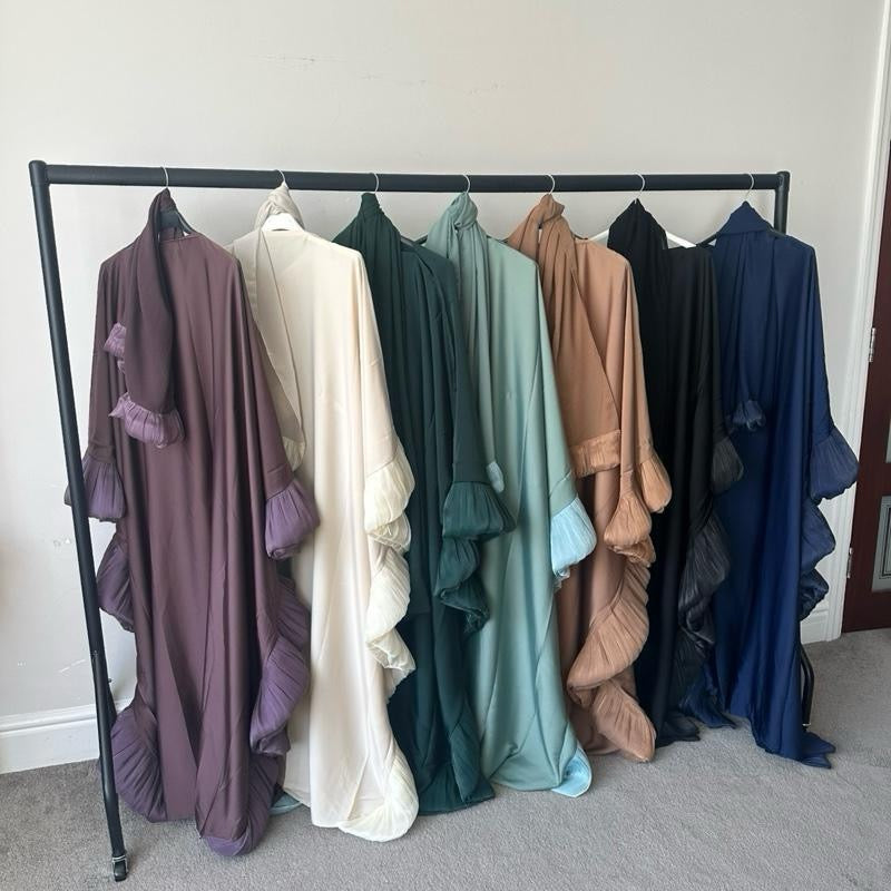 Ruffle Style Abaya with Matching Hijab and Inner Belt for Muslim Women