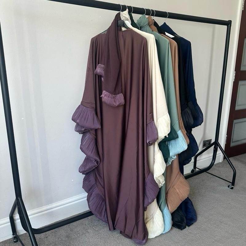 Ruffle Style Abaya with Matching Hijab and Inner Belt for Muslim Women
