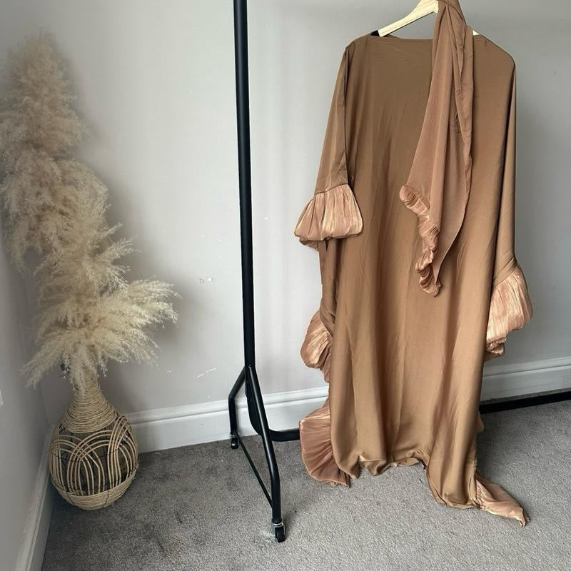 Ruffle Style Abaya with Matching Hijab and Inner Belt for Muslim Women