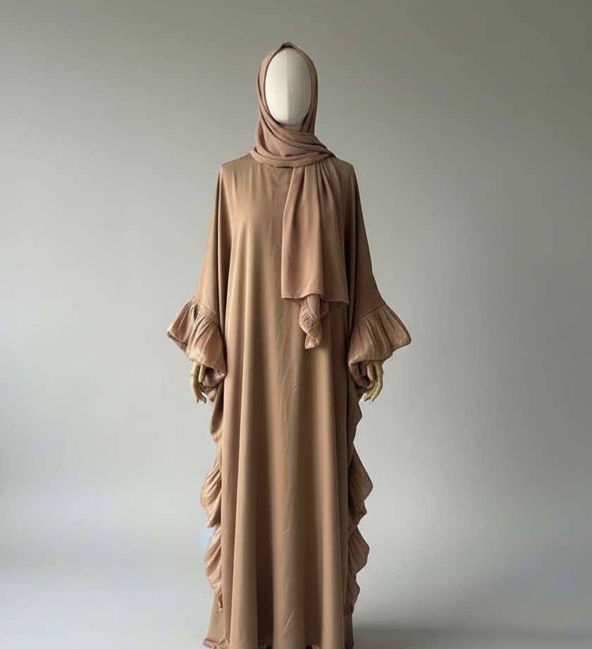 Ruffle Style Abaya with Matching Hijab and Inner Belt for Muslim Women
