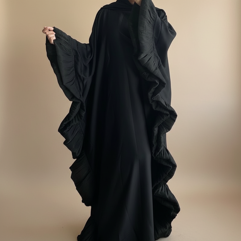 Ruffle Style Abaya with Matching Hijab and Inner Belt for Muslim Women