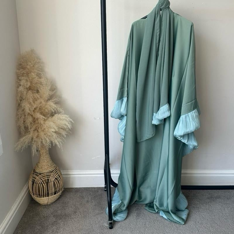 Ruffle Style Abaya with Matching Hijab and Inner Belt for Muslim Women