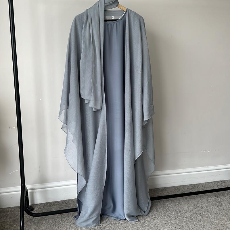 Elegant Sheer Sparkly Grey Abaya Set with Open Style Cape, Cuff Sleeves, and Satin Inner