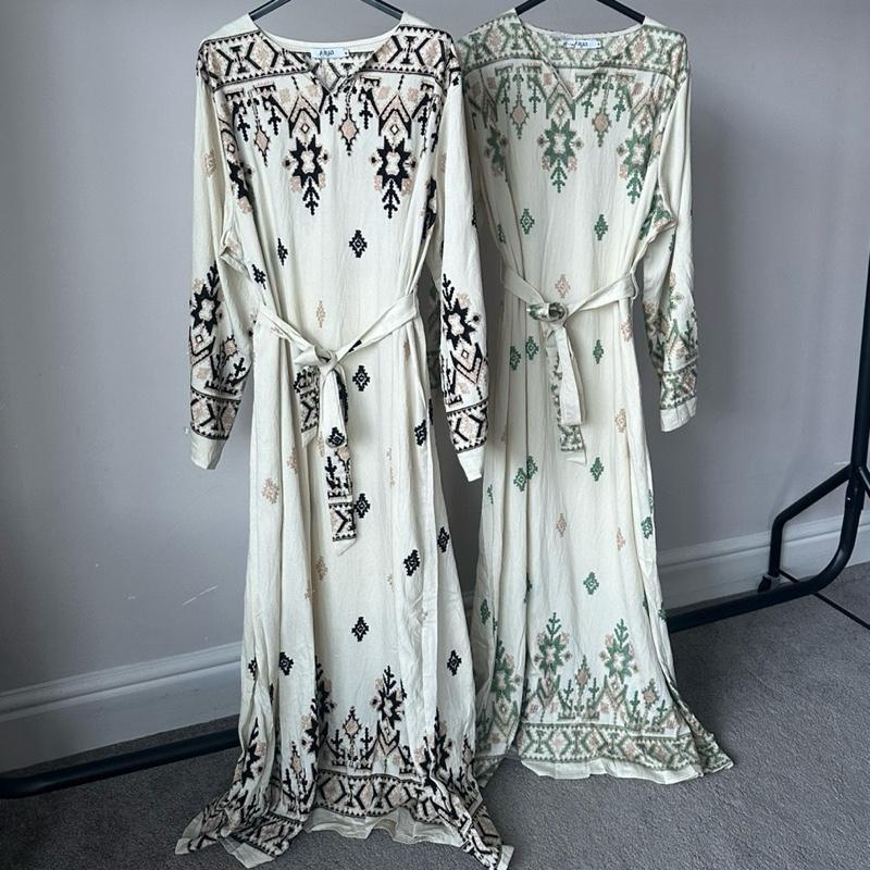 Abstract Embroidered Dress for Women Long Sleeve All Seasons with Unique Patterns and Waist Belt