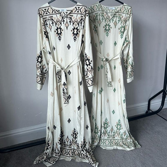 Abstract Embroidered Dress for Women Long Sleeve All Seasons with Unique Patterns and Waist Belt