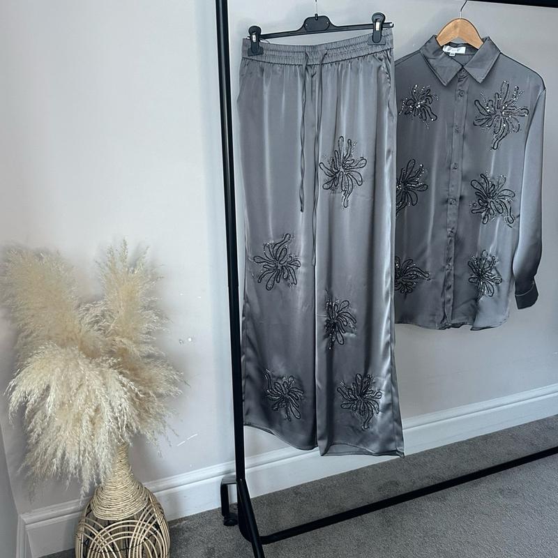 Sequin Embellished Satin CoOrds Top and Trouser Suit with Drawstring & Drawstring