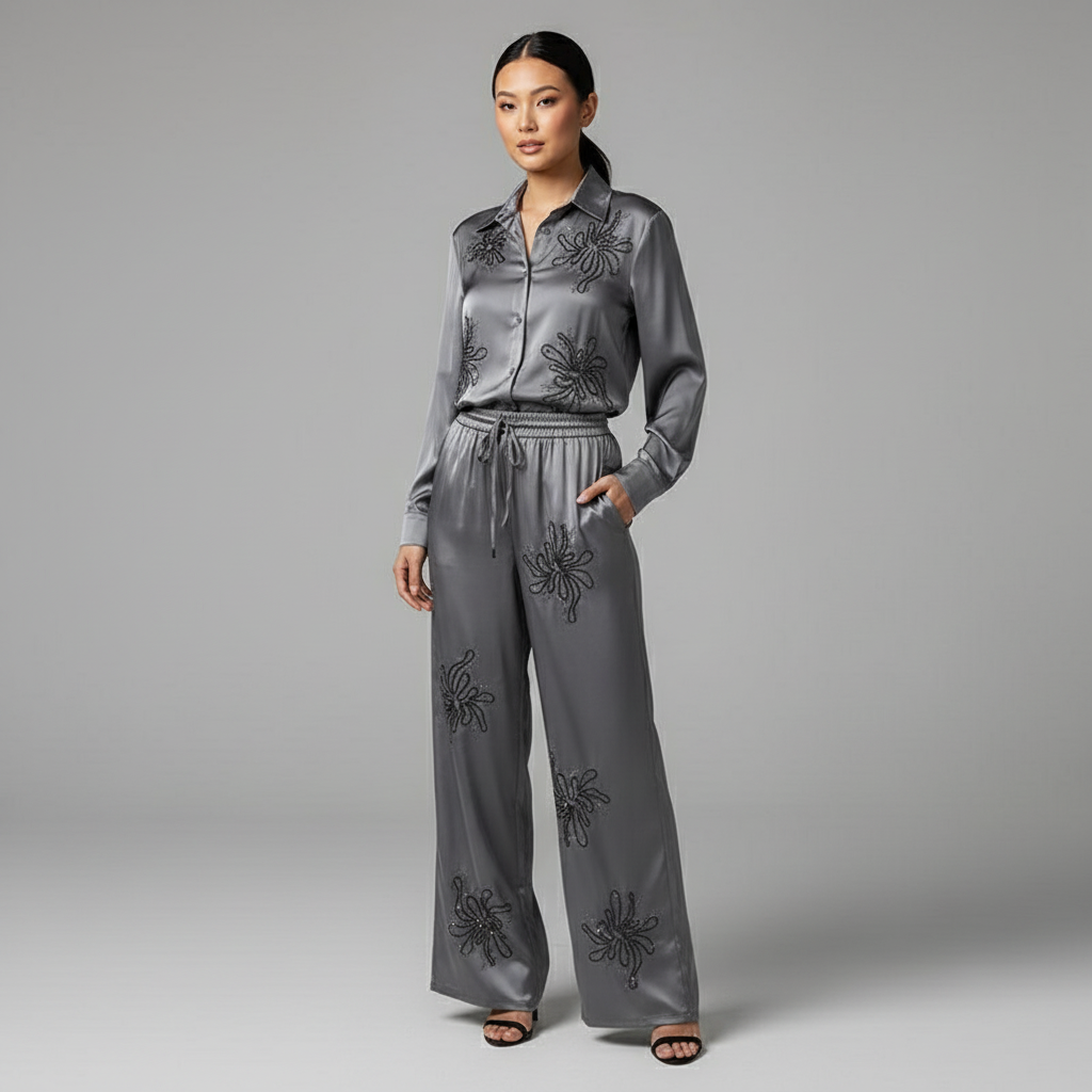 Sequin Embellished Satin CoOrds Top and Trouser Suit with Drawstring & Drawstring