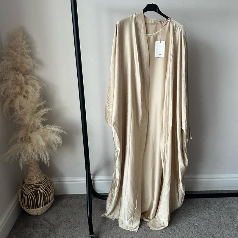 Women's Rhinestone Abaya with Inner Slip and Tie Belt - Islamic wear - One Size