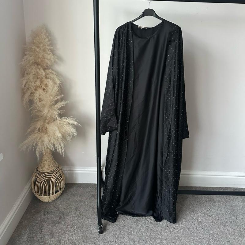 Women's Rhinestone Abaya with Inner Slip and Tie Belt - Islamic wear - One Size