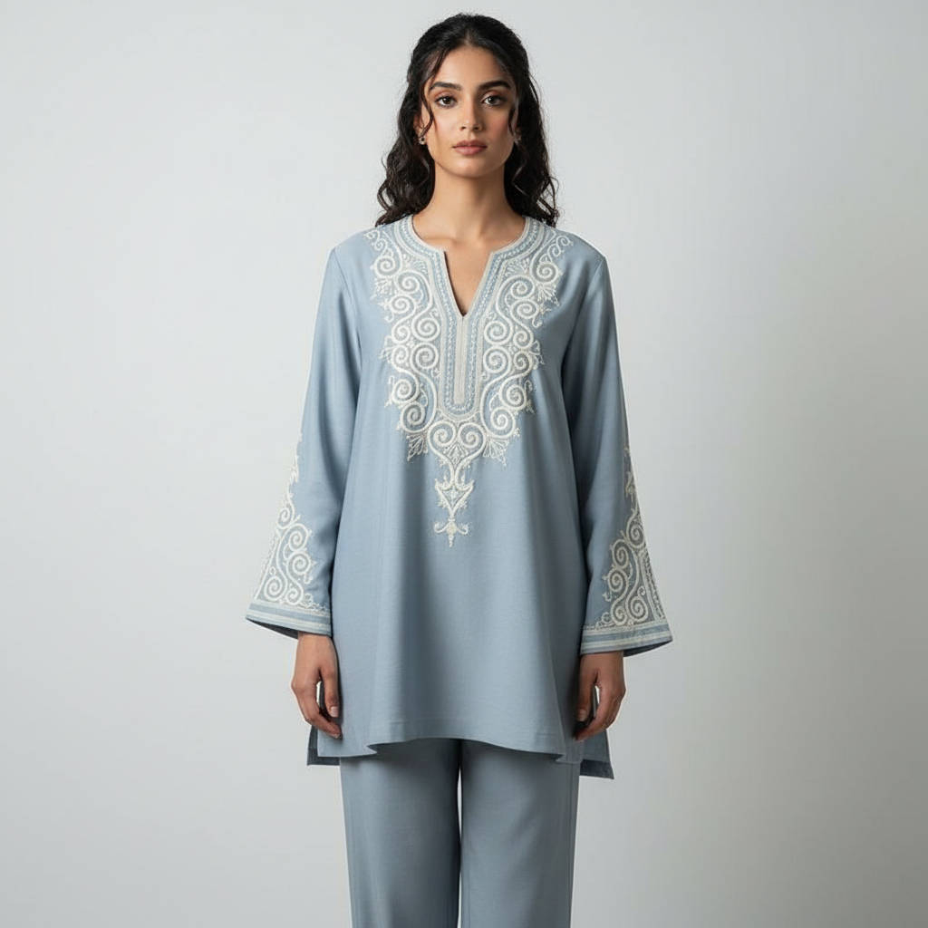 Hawaa Embroidered Coord - Elegant Tunic Style with Pockets & Long Sleeve for All Seasons