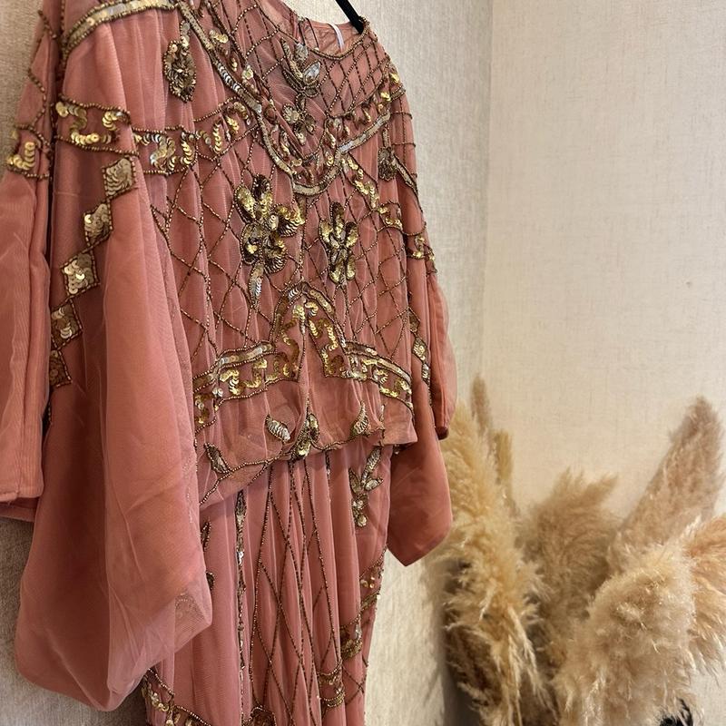 Vintage Formal Maxi Dress with Rose Gold Embellishments and Batwing Sleeves