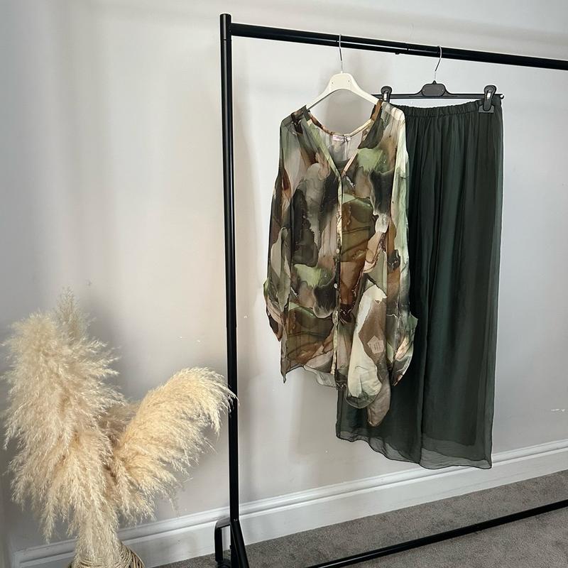 Marble Olive Silk Chiffon Coord with Olive Trousers for Women - Bottom, Womenswear