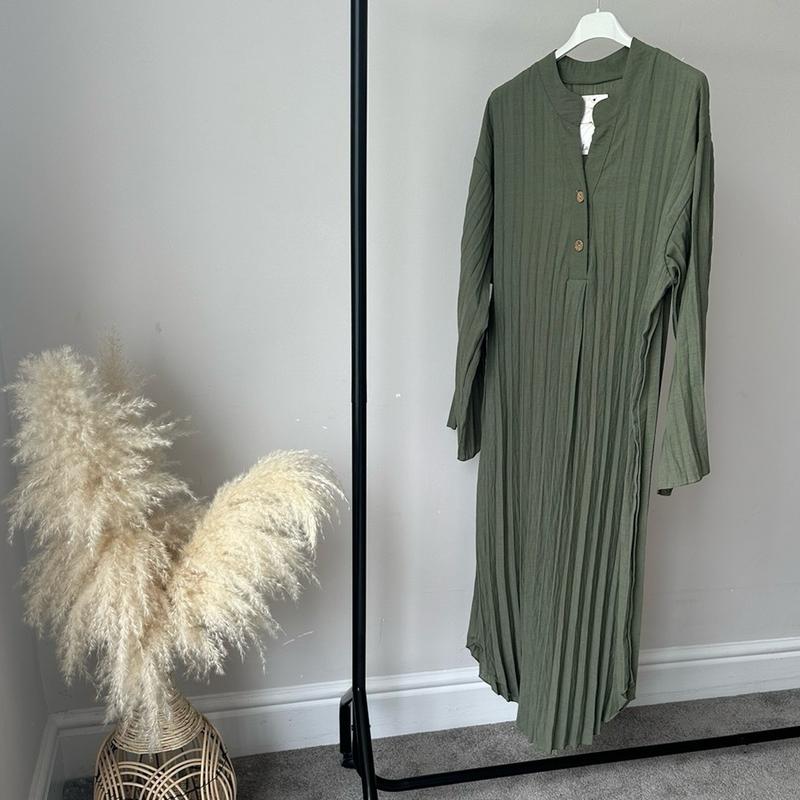 Pleated Linen Buttoned Neck Dress for Women - Feel Comfortable Style