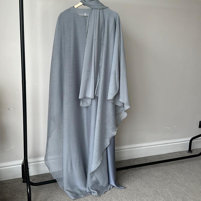 Elegant Sheer Sparkly Grey Abaya Set with Open Style Cape, Cuff Sleeves, and Satin Inner