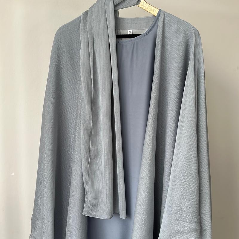 Elegant Sheer Sparkly Grey Abaya Set with Open Style Cape, Cuff Sleeves, and Satin Inner