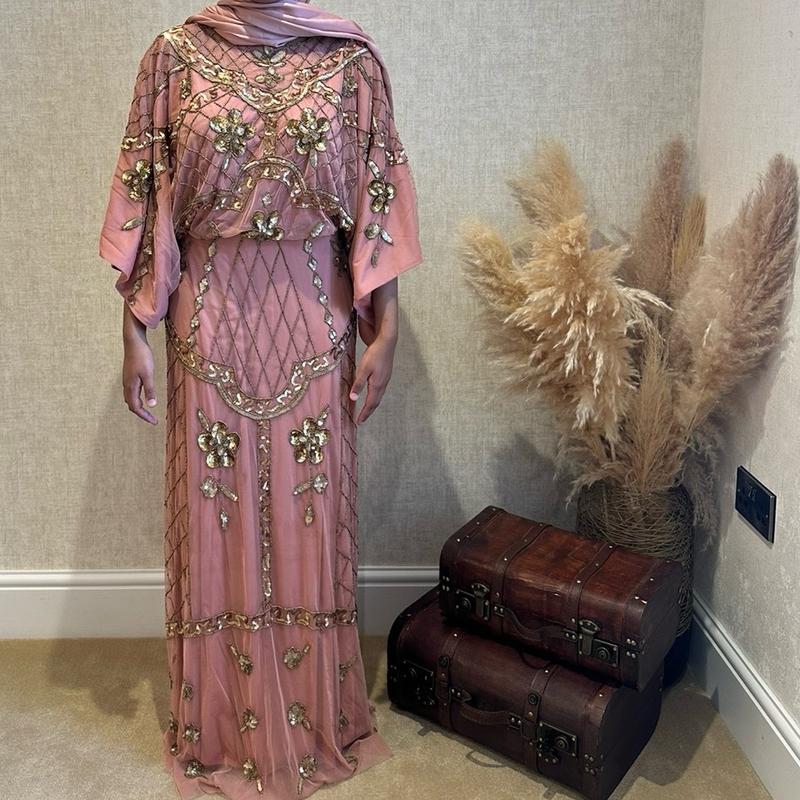 Vintage Formal Maxi Dress with Rose Gold Embellishments and Batwing Sleeves