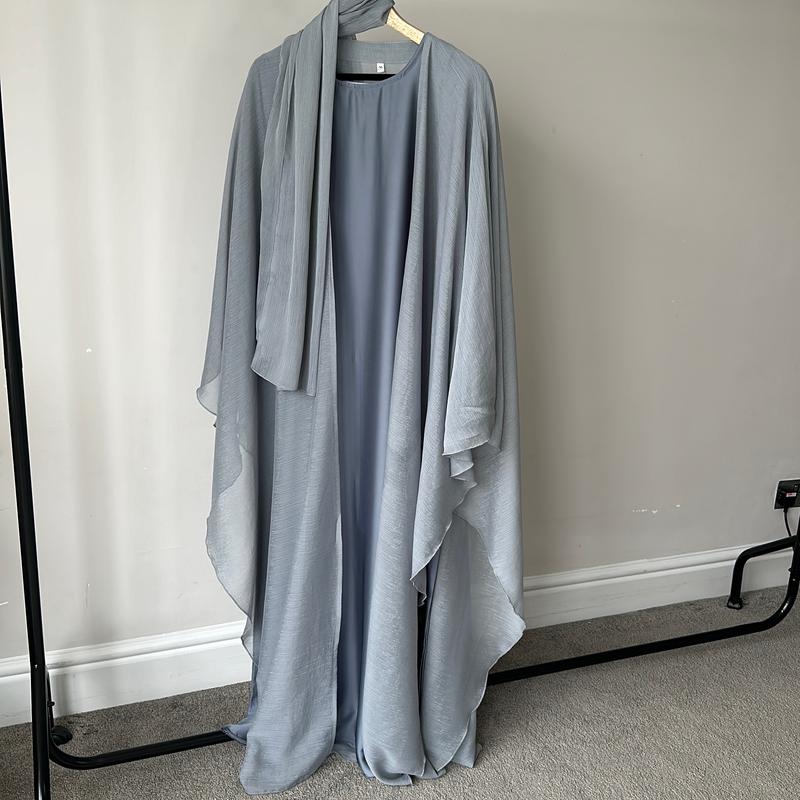 Elegant Sheer Sparkly Grey Abaya Set with Open Style Cape, Cuff Sleeves, and Satin Inner