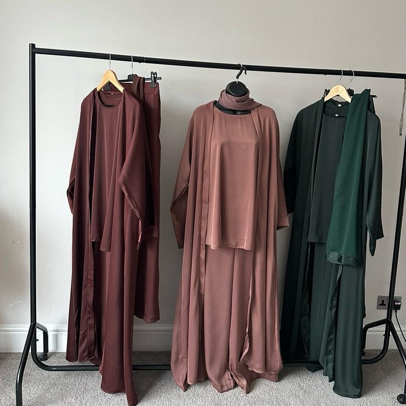 Elegant Satin Abaya Outfit with Matching Pants, Top and Scarf