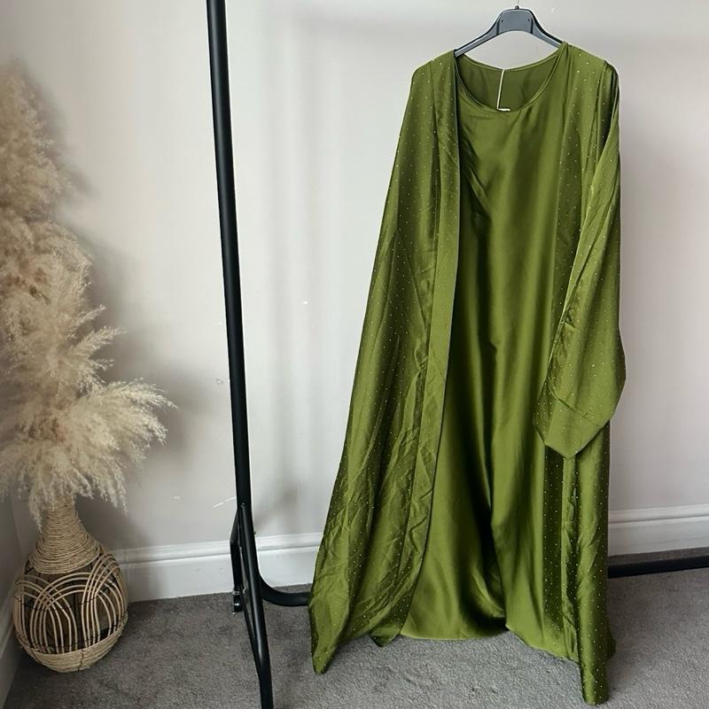 Women's Rhinestone Abaya with Inner Slip and Tie Belt - Islamic wear - One Size