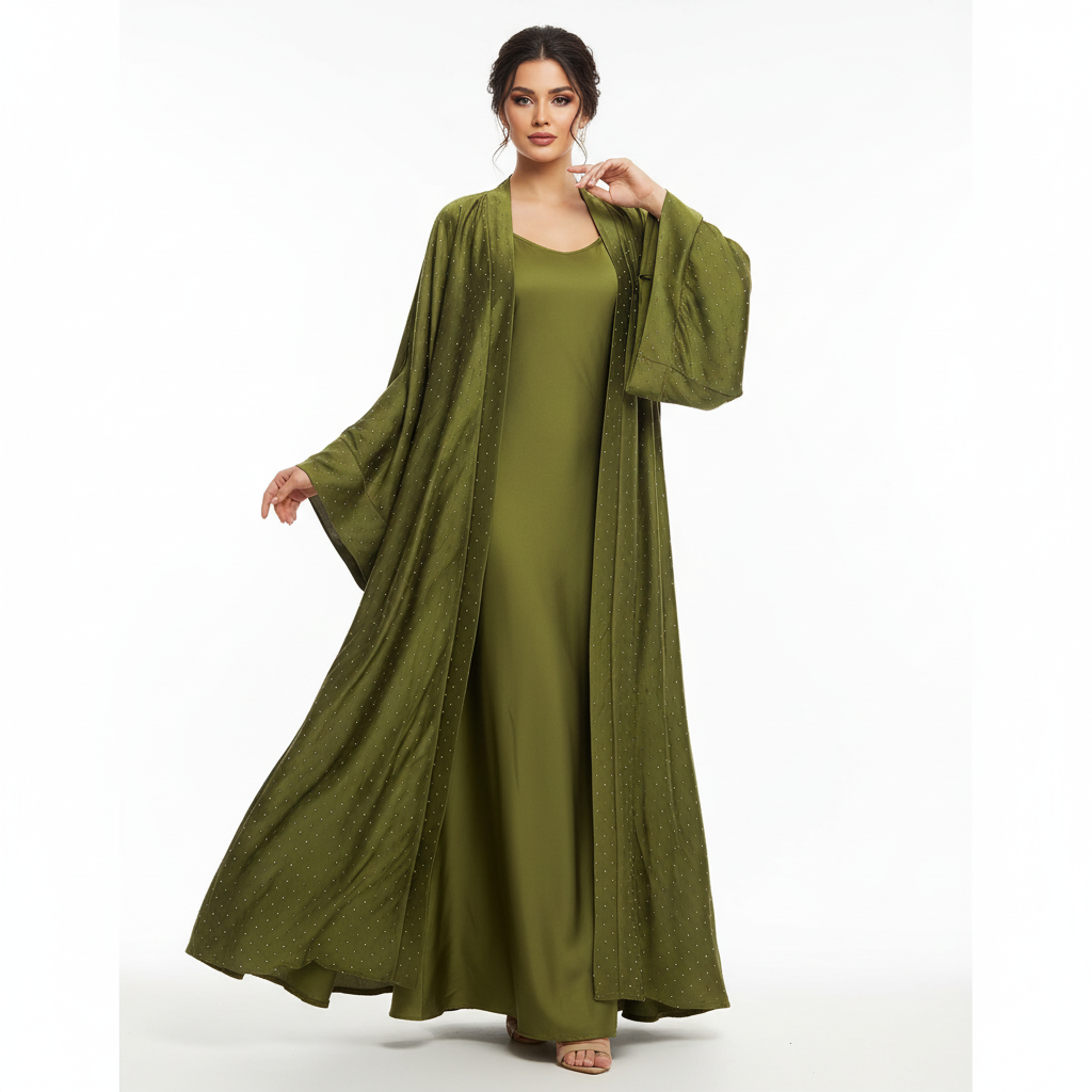 Women's Rhinestone Abaya with Inner Slip and Tie Belt - Islamic wear - One Size