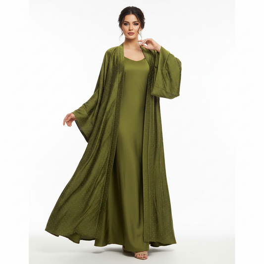 Women's Rhinestone Abaya with Inner Slip and Tie Belt - Islamic wear - One Size