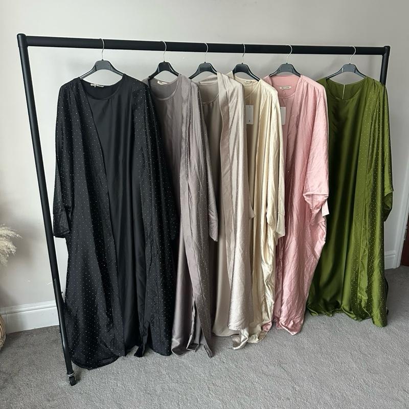Women's Rhinestone Abaya with Inner Slip and Tie Belt - Islamic wear - One Size