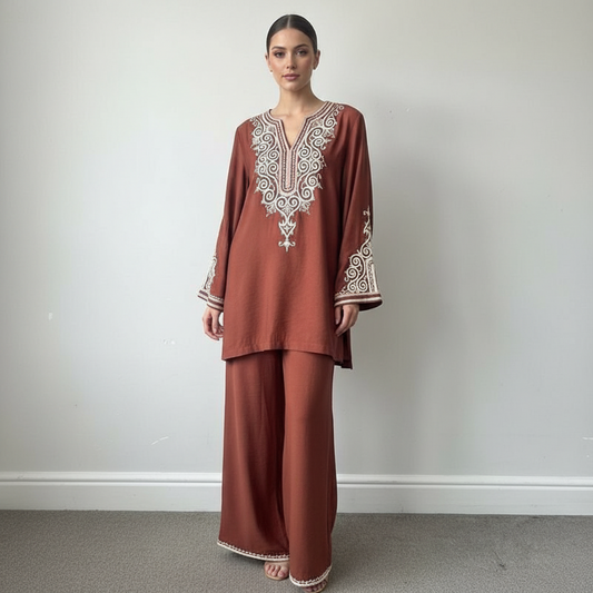 Hawaa Embroidered Coord - Elegant Tunic Style with Pockets & Long Sleeve for All Seasons