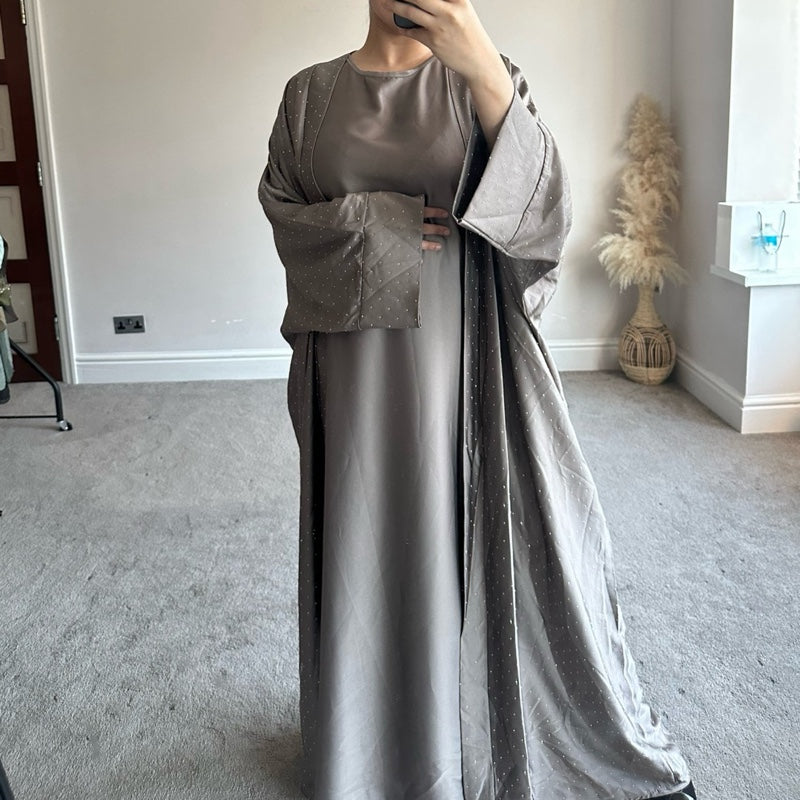 Women's Rhinestone Abaya with Inner Slip and Tie Belt - Islamic wear - One Size
