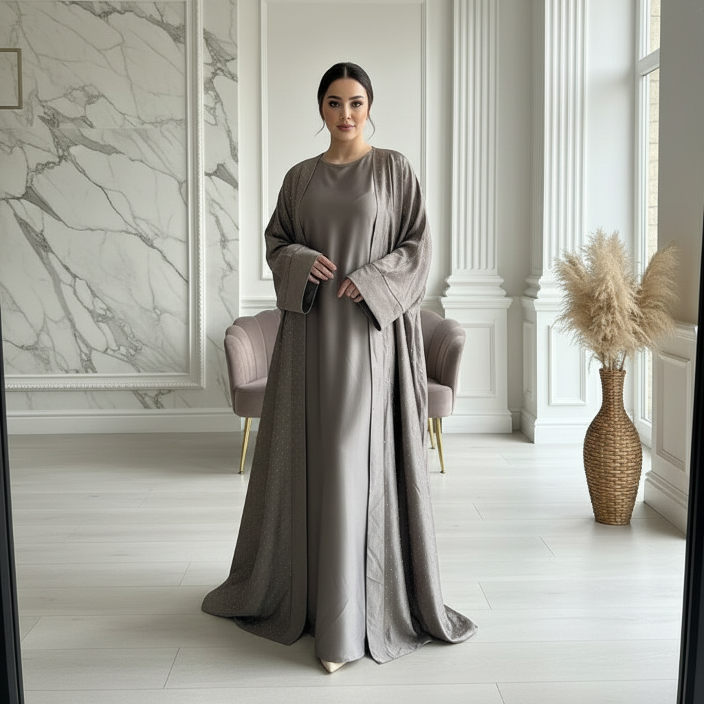 Women's Rhinestone Abaya with Inner Slip and Tie Belt - Islamic wear - One Size