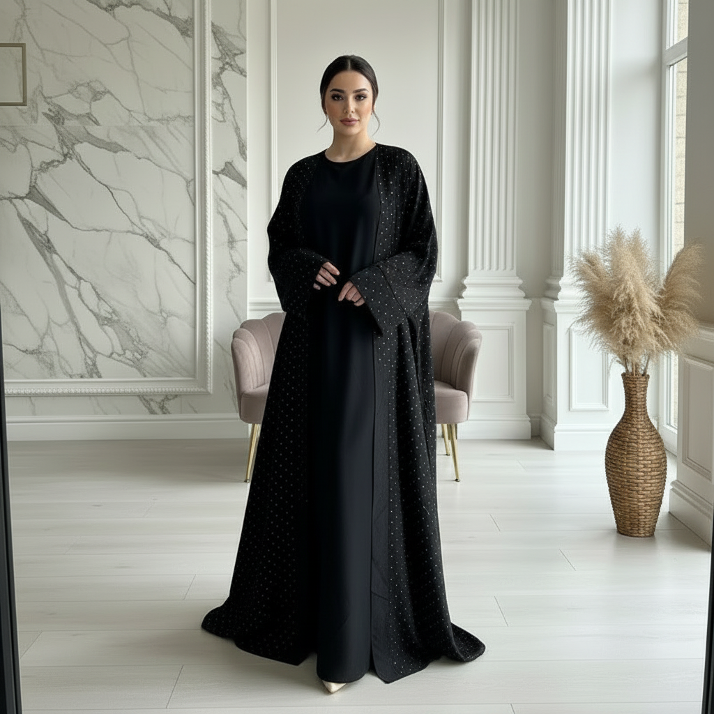 Women's Rhinestone Abaya with Inner Slip and Tie Belt - Islamic wear - One Size